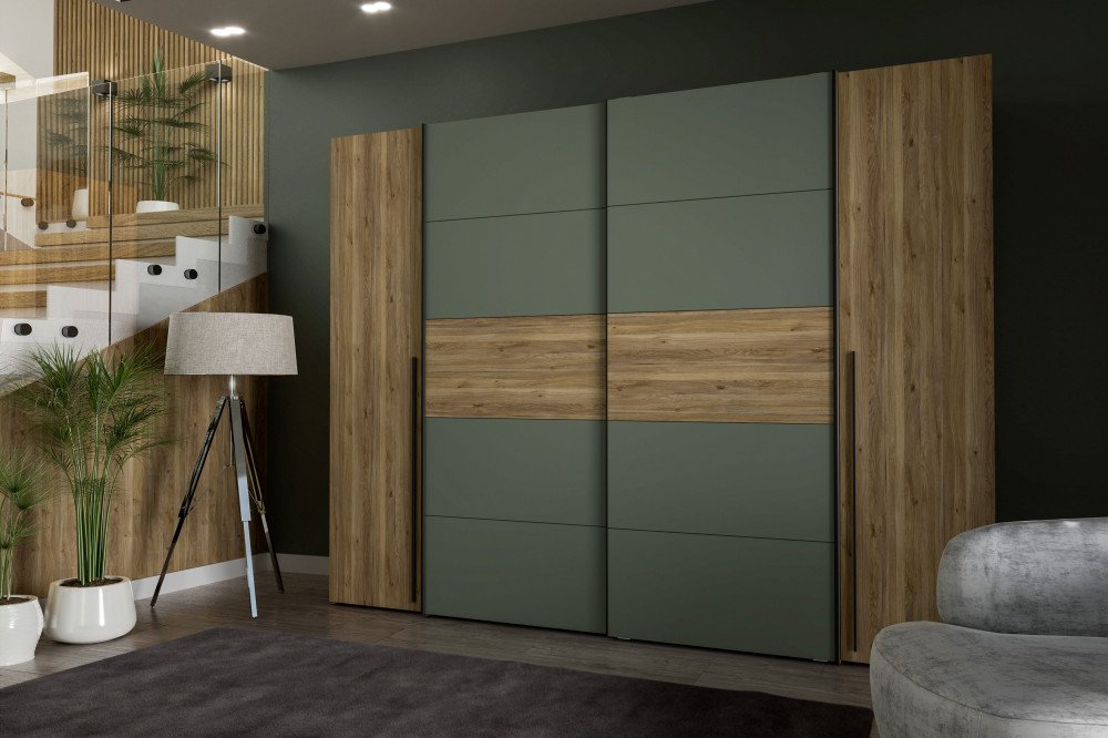 Narago von Forte - Kleiderschrank mit Schwebetüren und Drehtüren Eiche - grün
